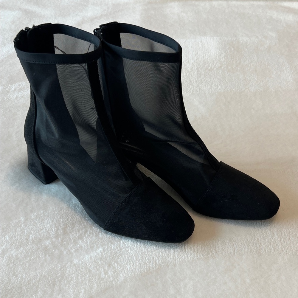 Sheer Black Mesh Ankle Booties with Block Heel